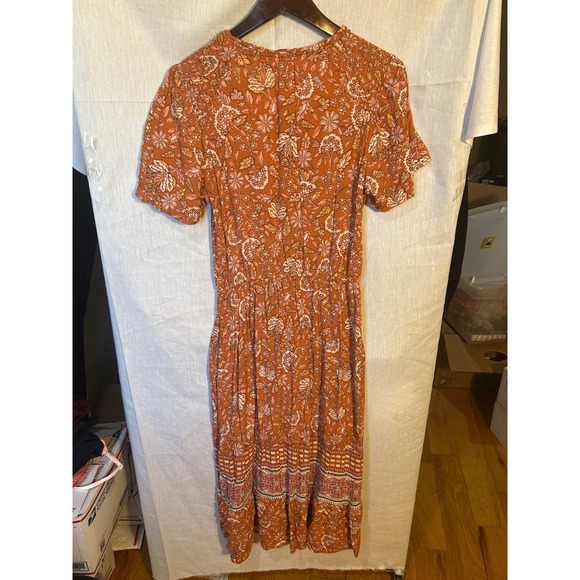 Knox Rose Orange Floral Print Tie Neck Midi Dress Women's Size S Cottage Core - Picture 5 of 6